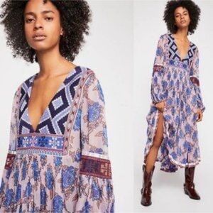 Free People Bold Blooms Blue and Purple Patterned Midi Dress